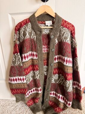 Tarazita Olive & Red Patterned Wool Blend Cardigan